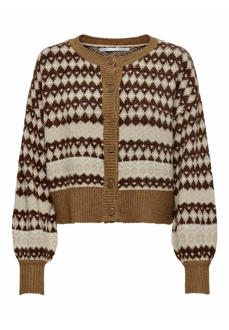 Gilet tricoté marron et crème avec des motifs géométriques, encolure ronde et fermeture à boutons. Texture douce, design court et ourlet côtelé.