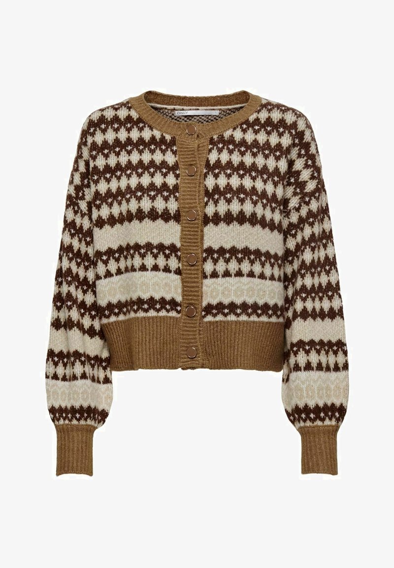 Brown and cream knitted cardigan with geometric patterns, round neckline, and button closure. Soft texture, cropped design, and ribbed hem.