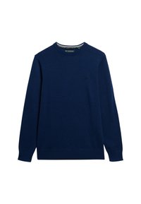 Marineblå sweatshirt med rund hals, lavet af blødt bomuld, med ribknit vedærmerne og kanten, samt et lille logo broderet på brystet.