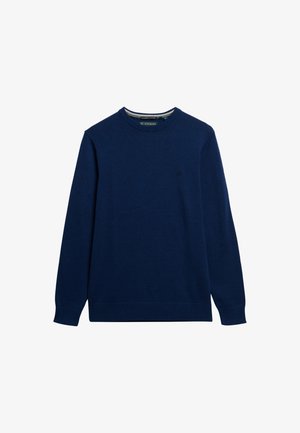 Granatowy sweter z okrągłym dekoltem, wykonany z miękkiej bawełny, z prążkowanymi mankietami i dołem, z małym haftowanym logo na piersi.