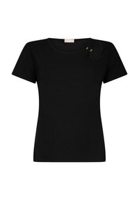 Schwarzes Kurzarm-T-Shirt mit rundem Ausschnitt, das eine glatte Textur und zwei goldfarbene Akzente nahe der Schulter aufweist.