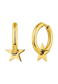 Pendientes de aro en tono dorado con un charm de estrella. Acabado liso y brillante con una silueta de estrella unida al aro. Diseño ligero.