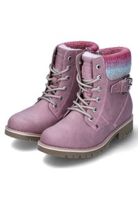 Rosa Stiefel mit einer glatten Lederoberfläche, ausgestattet mit einem gestrickten Pastellbund, Schnürfront und einer strapazierfähigen Gummisohle mit Profil für besseren Halt.