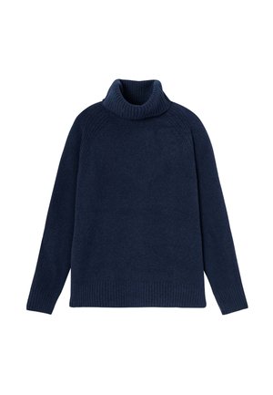 Pull à col roulé navy en matériau tricoté doux, avec un col et des poignets côtelés, une coupe décontractée et des manches longues.