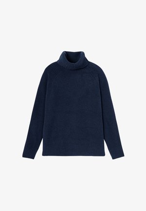 Pull à col roulé navy en matériau tricoté doux, avec un col et des poignets côtelés, une coupe décontractée et des manches longues.