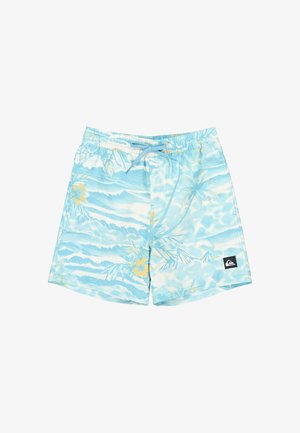 Blaue und weiße Badeshorts mit einem tropischen Muster aus Palmen, Bergen und gelben Blumen, ausgestattet mit einem Tunnelzugbund und einem Logopatch.
