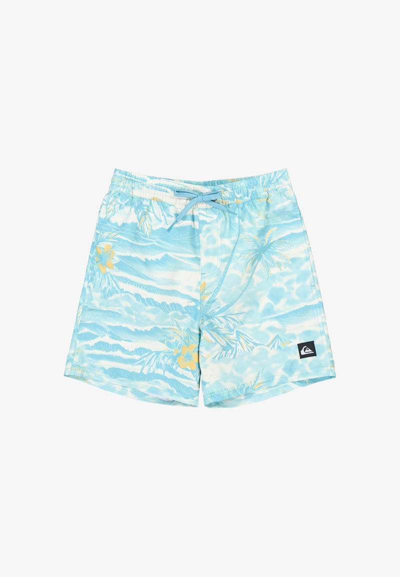 Niebiesko-białe szorty kąpielowe z tropikalnym nadrukiem palm, gór i żółtych kwiatów, z wiązaniem w pasie i naszywką z logo.