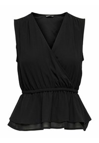 Blusa nera senza maniche con orlo a peplum, caratterizzata da un design avvolgente, vita elastica e tessuto morbido con una superficie liscia.