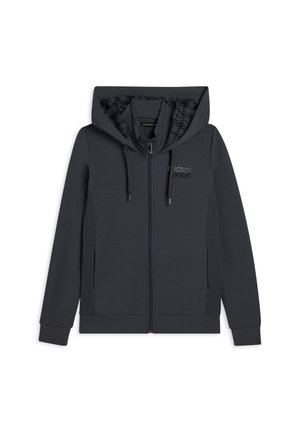 Cazadora con cremallera de color gris oscuro, con un forro interior estampado, capucha con cordón y un logo sutil en el pecho. Tejido de mezcla de algodón.