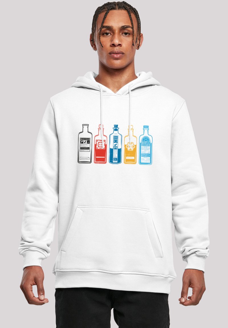 Felpa bianca con cappuccio e tasca frontale, caratterizzata da illustrazioni grafiche di cinque design di bottiglie colorate in blu, rosso, giallo e nero.