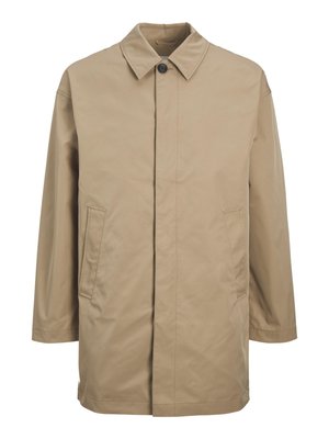 Beige waterproof coat with a pointed collar, front button closure, and two side pockets. Features a straight cut and smooth texture.