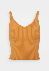 Haut sans manches côtelé couleur ambre orange avec un col en V et une coupe ajustée, présentant des détails de couture courbés et une texture douce.