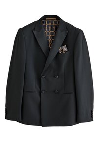 Black double-breasted blazer made of smooth fabric, featuring a patterned gold and navy lining and a coordinating pocket square.