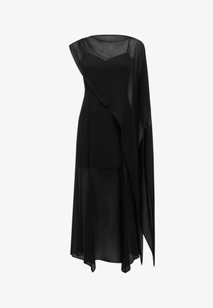 Fekete, aszimmetrikus estélyi ruha áttetsző felső réteggel, ujjatlan alsó réteggel, és vállról szegélyig lelógó, fodros sifon panellel.