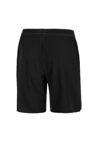 Schwarze Badeshorts mit elastischem Bund, zwei Seitentaschen und einem leichten, glatten Stoff. Einfaches Design ohne sichtbare Muster oder Beschläge.