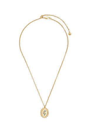 Złoty naszyjnik z łańcuszkiem, z owalnym wisiorkiem zdobionym niebieskim kwiatowym wzorem i dekoracyjną ramką na białym tle.