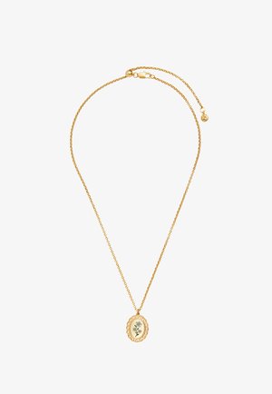 Złoty naszyjnik z łańcuszkiem, z owalnym wisiorkiem zdobionym niebieskim kwiatowym wzorem i dekoracyjną ramką na białym tle.