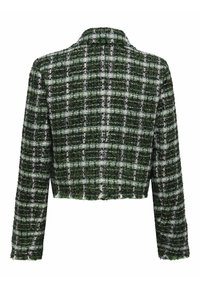 Veste courte à carreaux verts et blancs avec manches longues et tissu tissé texturé, vue de dos sur fond blanc.