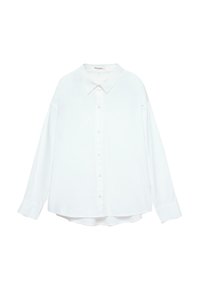 Hvid button-up skjorte med klassisk krave, lange ærmer og afslappet pasform. Blødt stof med glat tekstur, ingen mønstre eller accenter.