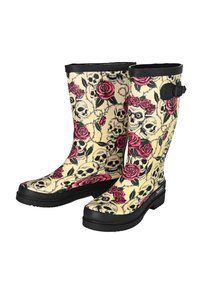 Yellow rubber rain boots with black skull and rose pattern, black sole, and buckle detail on the side. Textured grip for traction.