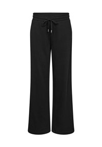 Pantaloni de trening negri din material moale, cu un design cu picioare largi, talie cu șnur și buzunare laterale. Textură netedă fără modele.