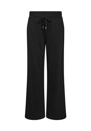 Schwarze Jogginghose aus weichem Stoff, mit weitem Bein, Kordelzug am Bund und Seitentaschen. Glatte Oberfläche ohne Muster.