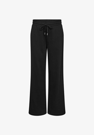 Czarne spodnie dresowe wykonane z miękkiego materiału, z szerokimi nogawkami, sznurkiem w pasie oraz bocznymi kieszeniami. Gładka faktura bez wzorów.