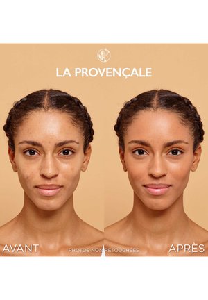 Comparaison avant-après de soins de la peau. À gauche, un teint irrégulier avec des imperfections ; à droite, un teint lisse et uniforme avec une radiance améliorée.
