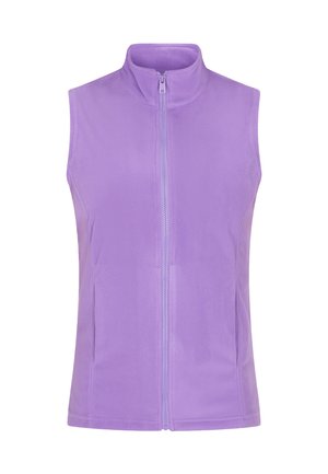 Paarse fleece-vest met hoge kraag, ritssluiting aan de voorkant en zijzakken. Gladde textuur en getailleerde vorm voor een strakke uitstraling.