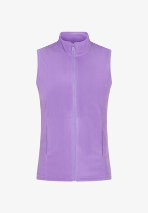 Lila Fleece-Weste mit hohem Kragen, Reißverschluss vorne und Seitentaschen. Glatte Textur und taillierte Form für einen figurnahen Look.