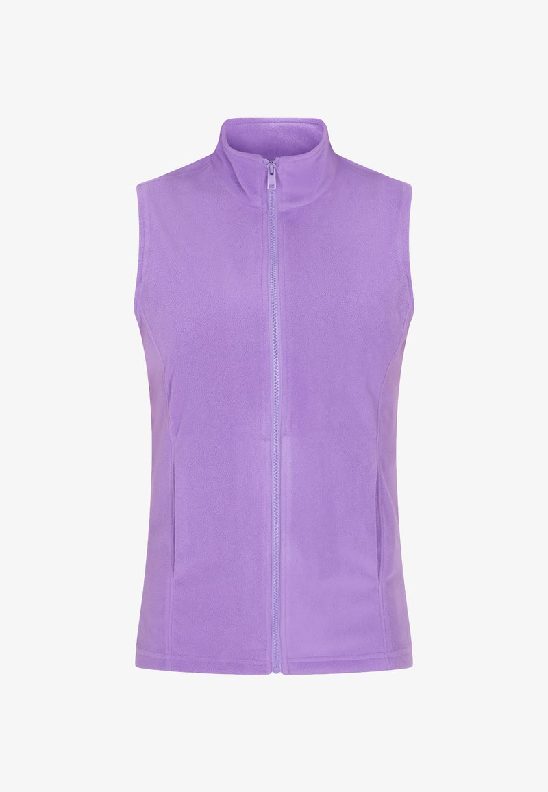 Lila Fleece-Weste mit hohem Kragen, Reißverschluss vorne und Seitentaschen. Glatte Textur und taillierte Form für einen figurnahen Look.