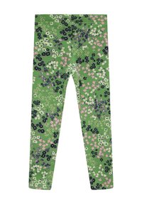 Groene leggings met een bloemenpatroon van zwarte, witte en roze bloemen. Gemaakt van zachte, rekbare stof, ontworpen voor comfort en een goede pasvorm.