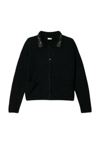 Cardigan nero con collo decorato da perline, chiusura frontale con bottoni e due tasche frontali. Texture morbida e vestibilità comoda.