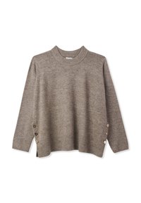 Maglione marrone chiaro con collo rotondo, orlo a coste e bottoni laterali. Realizzato in un tessuto morbido con una vestibilità leggermente oversize e maniche lunghe.