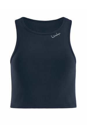 Tumši zili cropped topi, izgatavoti no elastīgas auduma, ar apaļu kaklu, bez piedurknēm un nelielu "Winshape" logo priekšpusē.