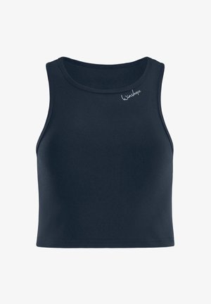 Tumši zili cropped topi, izgatavoti no elastīgas auduma, ar apaļu kaklu, bez piedurknēm un nelielu "Winshape" logo priekšpusē.