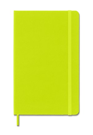 Hellgelb-grünes Notizbuch mit abgerundeten Ecken, Gummibandverschluss und passendem Lesezeichen aus Band.