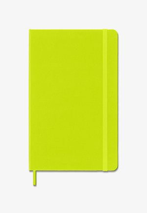 Notebook giallo-verde brillante con angoli arrotondati, chiusura con elastico e segnalibro a nastro coordinato.