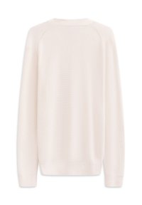 Leichter, cremefarbener Strickpullover mit gerippten Bündchen und Saum, einfacher Rundhalsausschnitt und strukturiertem Finish.