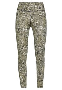 Leggings in un tessuto elasticizzato con un motivo leopardato verde e nero. Design a vita alta con cuciture piatte per il massimo comfort.