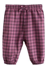 Pantalon à carreaux rose et noir avec une taille élastique et des bas froncés. Fabriqué en tissu doux, doté d'un cordon de serrage à la taille.