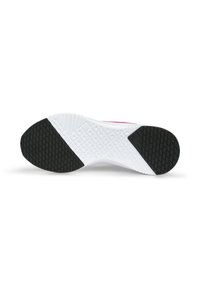 Semelle de sneaker blanche avec des pastilles de grip texturé noires au talon et à l'orteil, motif de diamant sur le centre et légère courbure de voûte.
