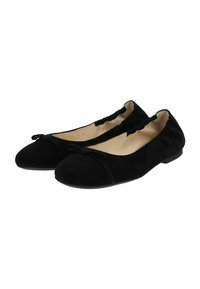 Ballerine in suede nero con punta arrotondata, bordo elasticizzato e un fiocco decorativo davanti. Sole piatto, interno liscio.