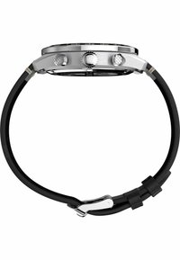 Silver stainless steel watch case with a black dial, three push buttons, and a black leather strap featuring a silver buckle closure.