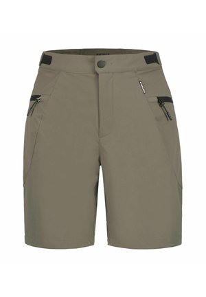Męskie spodenki w oliwkowym kolorze, wykonane z lekkiego materiału. Posiadają kieszenie na zamek, płaskie przody oraz regulację w pasie z tyłu.