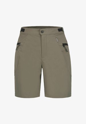 Pantaloncini da uomo in verde oliva, realizzati in tessuto leggero. Caratterizzati da tasche con zip, fronte piatto e regolazione della vita sul retro.