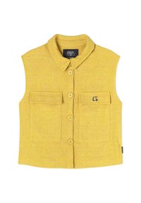 Gilet jaune à texture, design à col, fermeture à boutons sur le devant et deux poches poitrine. Présente un logo sur la poche gauche.