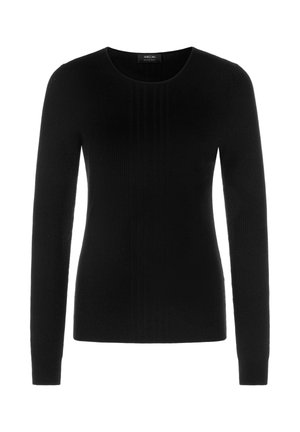 Black long-sleeve ribbed knit sweater with round neckline and fitted silhouette.