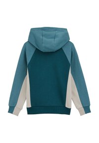 Kapucinska majica z dolgimi rokavi z zasnovo v barvnih blokih v temno zeleni in svetlo modri barvi, z teksturirano obdelavo in rebrastimi manšetami. Zadnji pogled poudarja raglan rukave.
