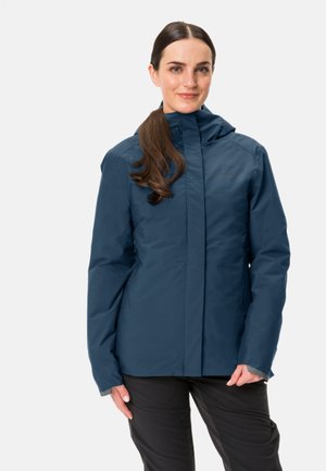 Navy blue waterproof jacket with a hood, smooth texture, front zipper, and grey accents at cuffs, designed for outdoor use.